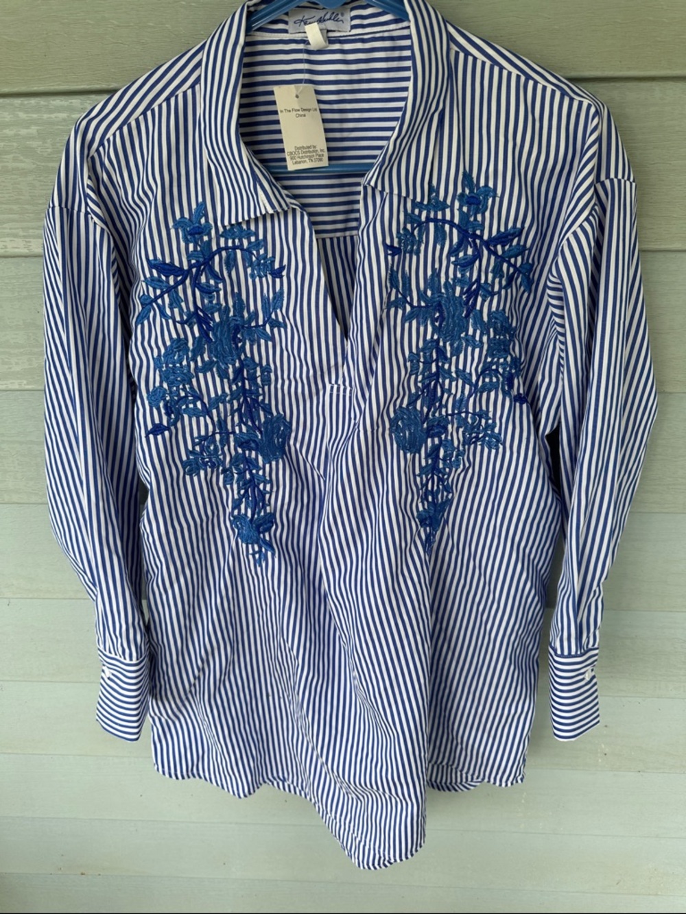 Cracker Barrel Blue and White Striped Embroidered Button-Up Top BNWT L